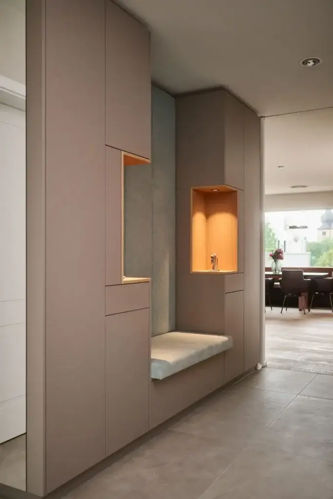 Garderobe mit Sitzbank und beleuchteter Nische in grauem Einbau im Haus R in Fulda