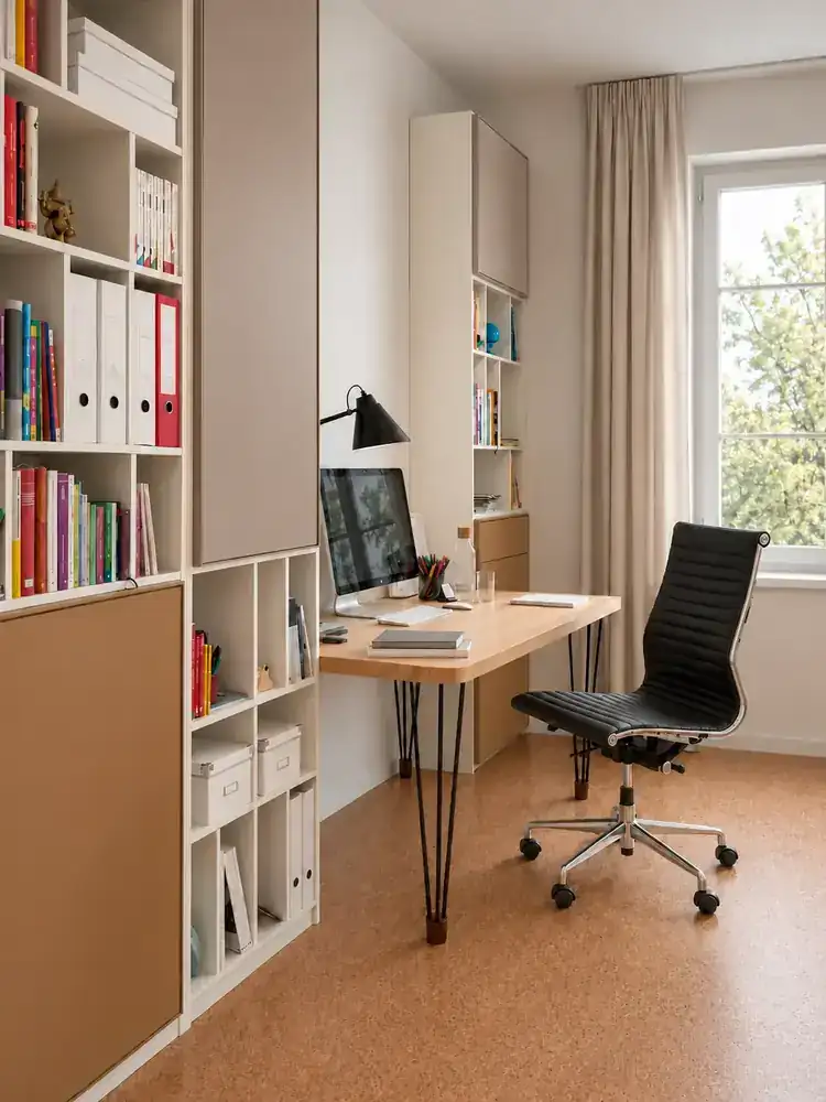 Home-Office mit Regalsystem H an zwei Wänden, Schreibtisch, schwarzem Bürostuhl und Fenster mit Vorhang